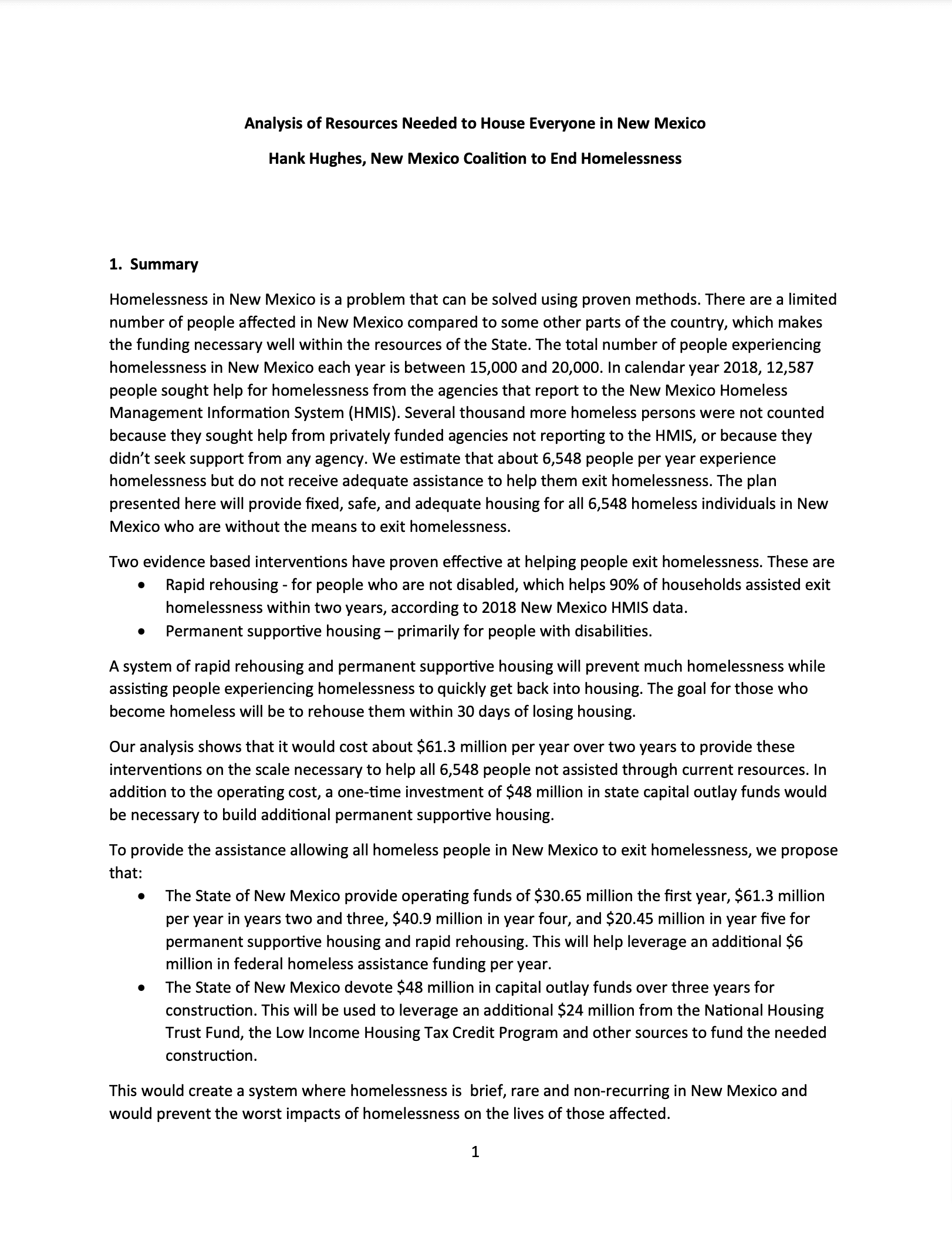 Analysis of Resources Needed to House Everyone in New Mexico Hank Hughes, New Mexico Coalition to End Homelessness